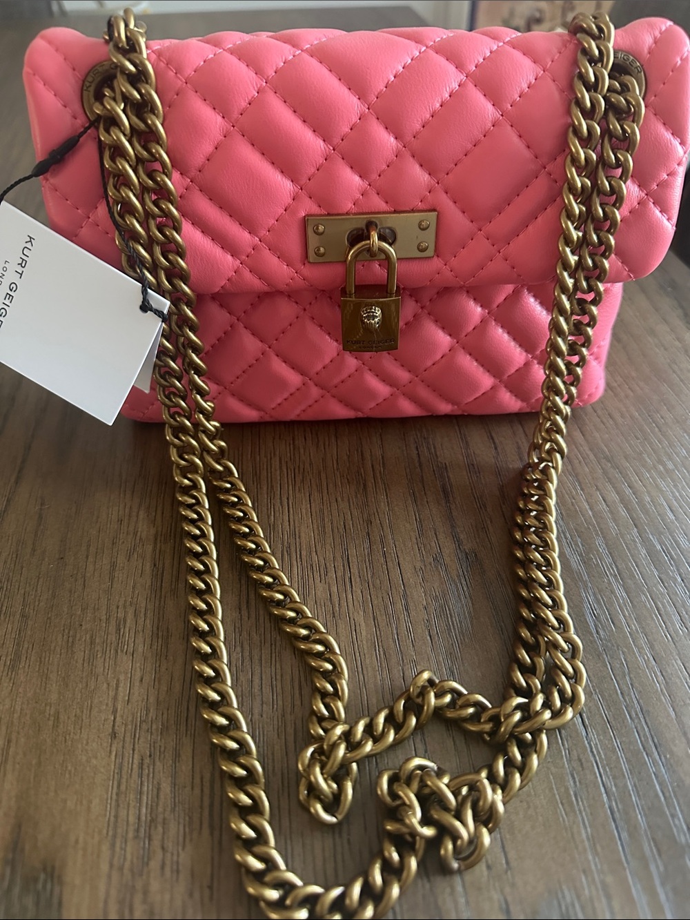 Kurt Geiger The Brixton Coral Pink Quilted Leather Chain Crossbody Bag